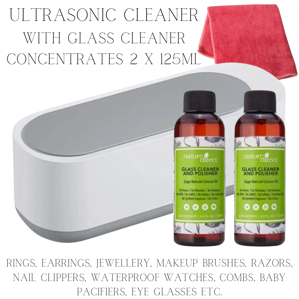 Ultrasonic Cleaner Tank Jewelry Watch Clean 300ML with glass cleaner concentrate and cloth.