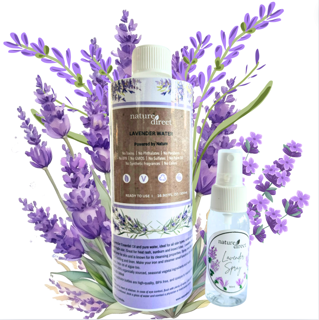 Nature Direct - Lavender Water 500ml with empty spray applicator bottle 50ml.